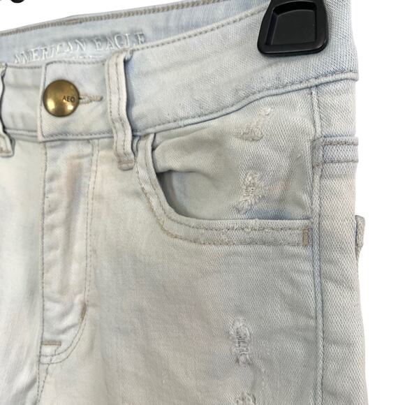 American Eagle Hi Rise Shortie Distressed Light Blue Wash Raw Hem Shorts sz 00 - Picture 9 of 16